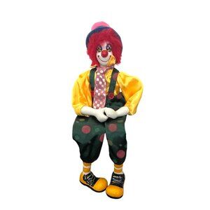 VTG Ganz 13" Porcelain Clown Jester Shelf Sitter Doll Satin Fabric Decor
